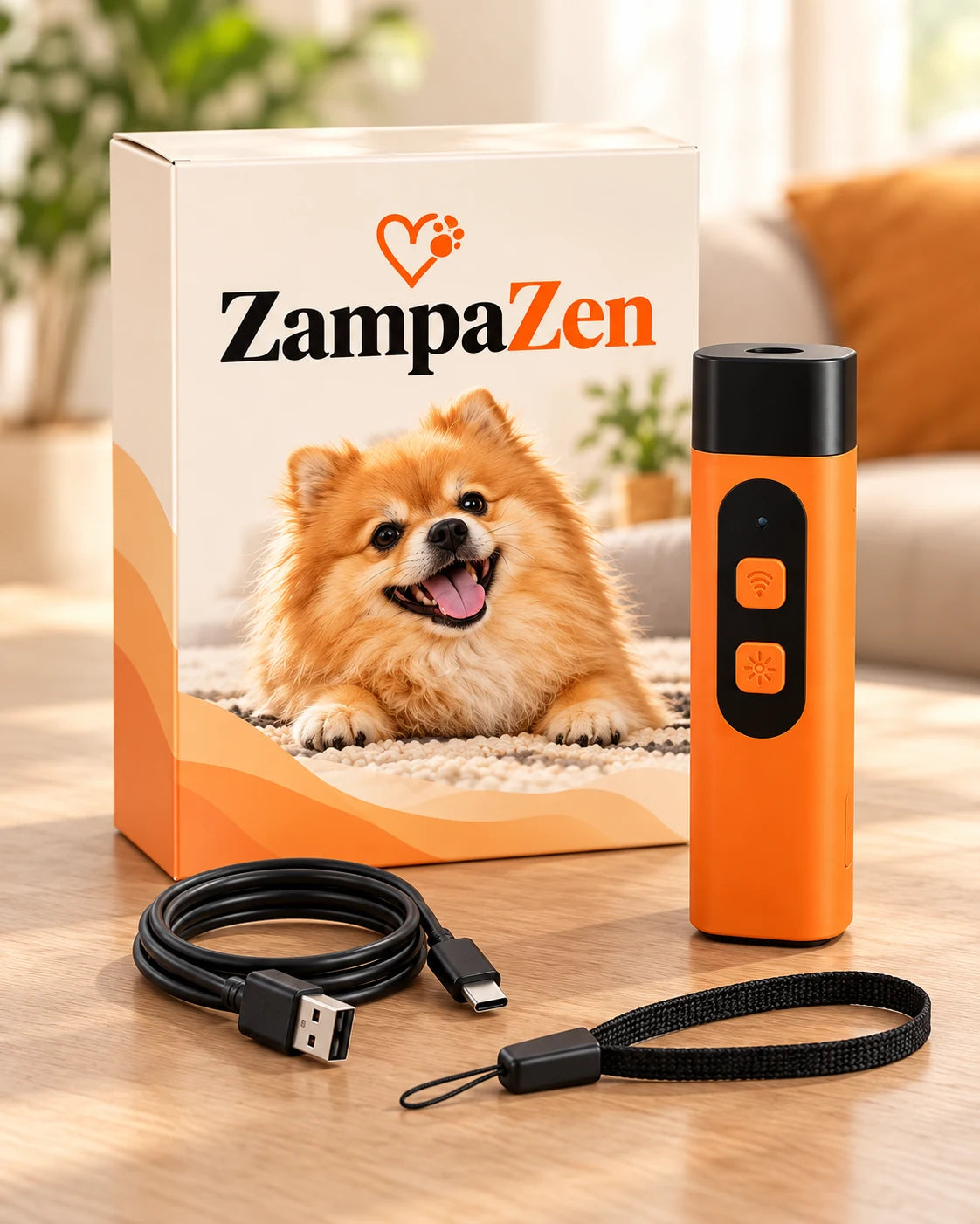 Confezione ZampaZen con dispositivo, cavo USB-C e cinturino