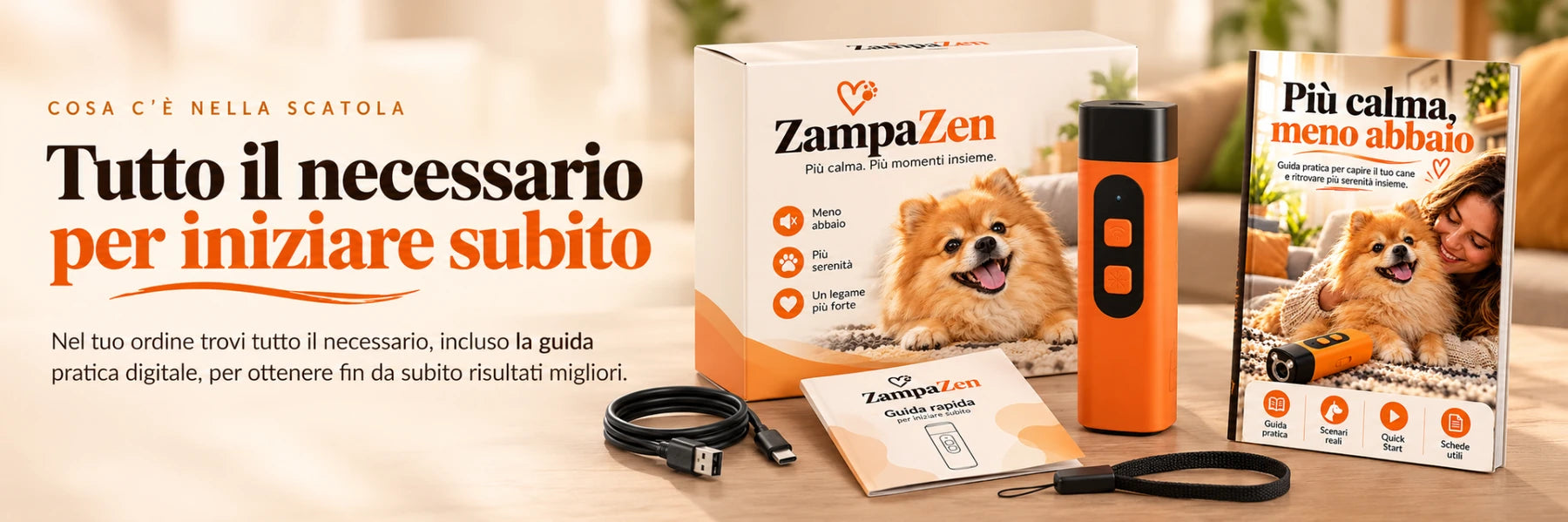 Contenuto dell'ordine ZampaZen con dispositivo, confezione, cavo USB-C, cinturino, guida rapida e guida pratica digitale